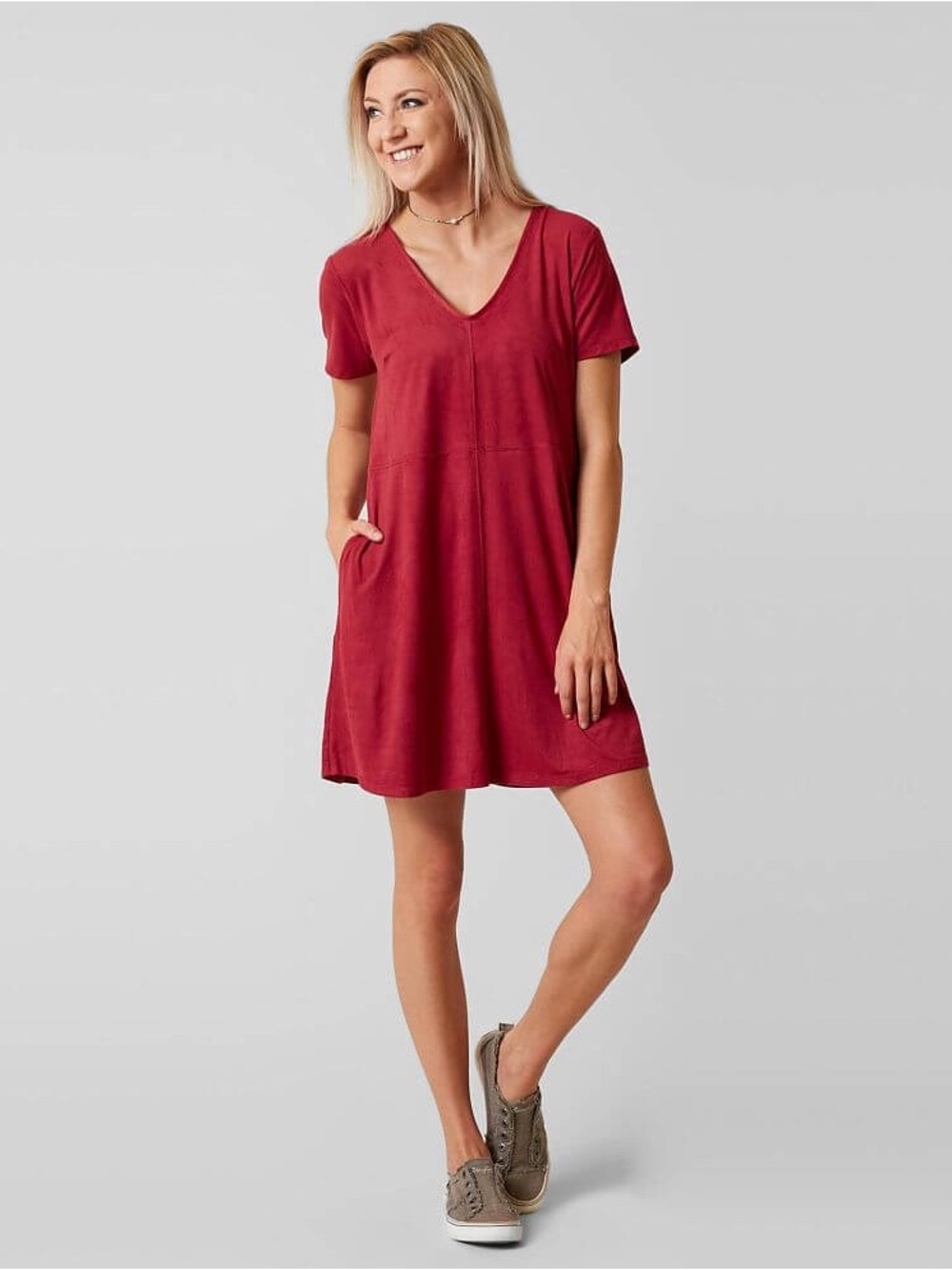 V-Neck Short Sleeve Faux Suede Swing Dress